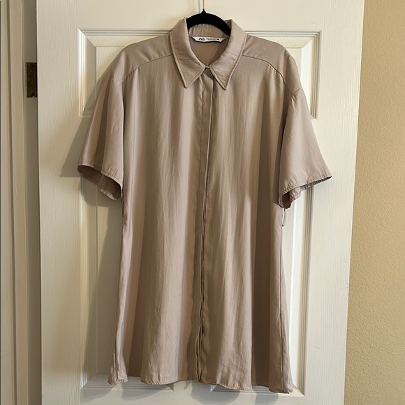 Zara Dresses & Skirts - Zara Tan A Line Mini Shirt Dress Short Sleeve